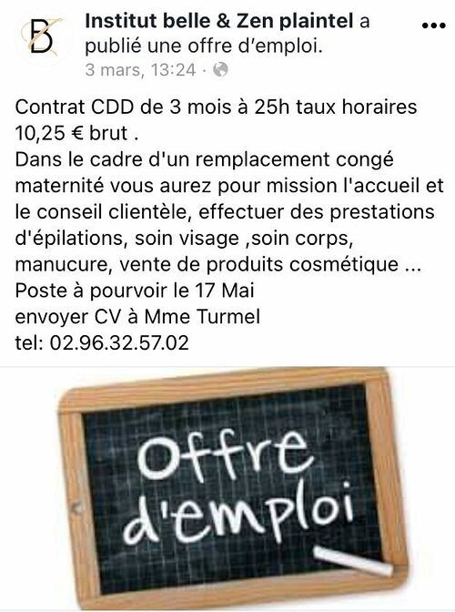 Offre d''emploi CDD - Institut belle & Zen - Plaintel 0